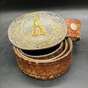 Vintage Silver Crumrine INC Letter A Buckle Tooled Leather Belt
